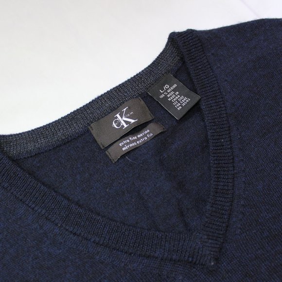 Calvin Klein Navy Blue V Neck Merino Wool Sweater - Picture 3 of 6